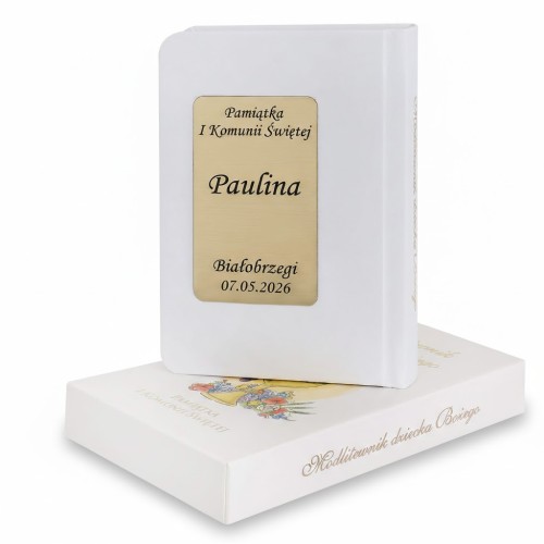 Modlitewnik dziecka Bożego w białej oprawie z grawerem.