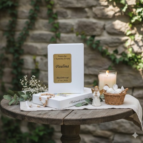 Grawerowana dedykacja na metalowej tabliczce.