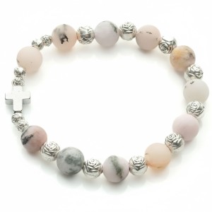 Bransoletka dziesiątek różańca z opalu różowego – krzyż hematytowy