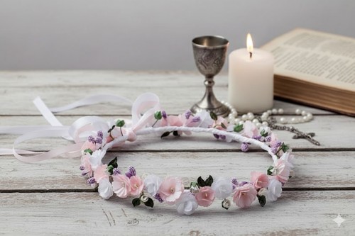 Smukła forma wianka pięknie podkreśla dziewczęcy charakter stylizacji.