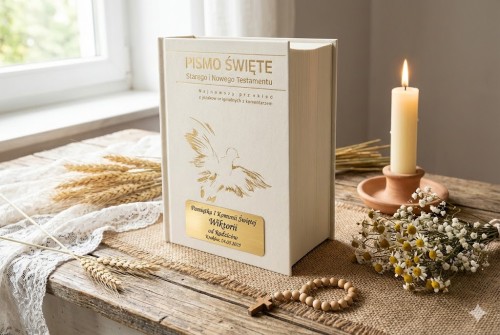 Okładka Biblii z personalizowanym grawerem na złotym laminacie.
