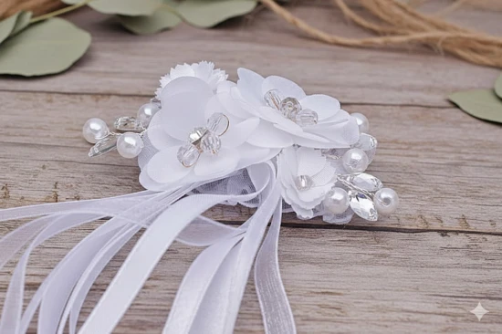 Elegancka ozdoba na świecę komunijną w jasnej, ponadczasowej bieli.