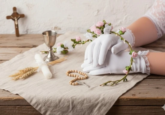 Rękawiczki komunijne z pełnymi palcami i delikatną falbanką.
