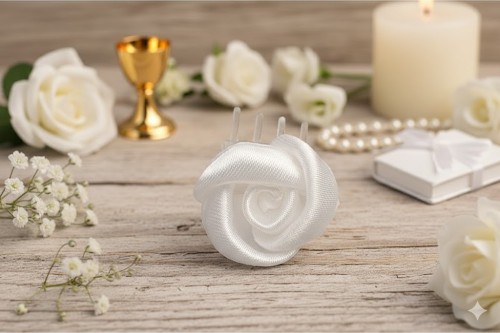 Satynowa róża w czystej bieli podkreśla uroczysty charakter Komunii