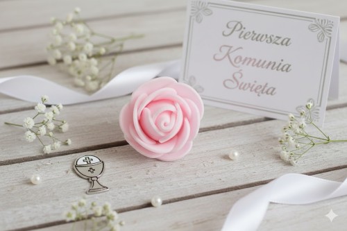 Jasnoróżowa róża dodaje fryzurze delikatnego, dziewczęcego akcentu.