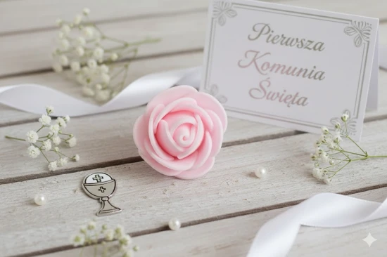 Jasnoróżowa róża dodaje fryzurze delikatnego, dziewczęcego akcentu.