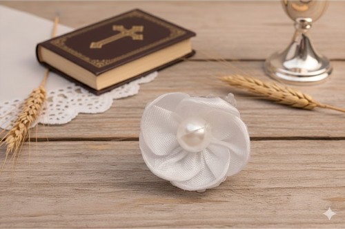 Satynowy kwiat w czystej bieli tworzy elegancką ozdobę komunijną.