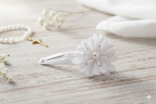 Biały kwiat z perłowym środkiem tworzy elegancką ozdobę komunijną.