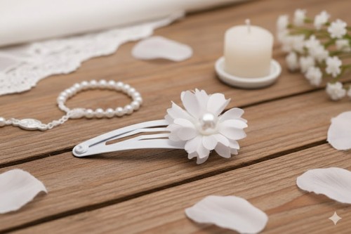 Delikatny biały kwiat z perłowym środkiem podkreśla komunijną fryzurę.