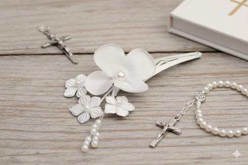 Kwiatowa kompozycja z perełkami tworzy efektowną ozdobę komunijną.