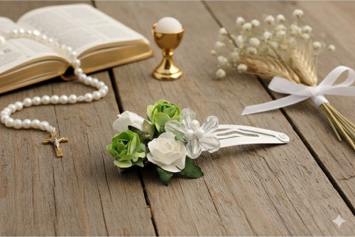 Białe róże i zielone kwiaty tworzą naturalną ozdobę komunijną.