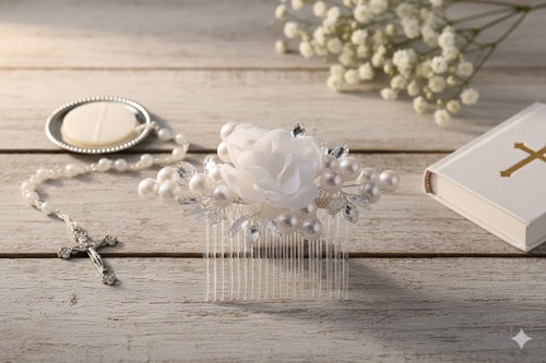 Kryształowe elementy delikatnie odbijają światło na włosach.