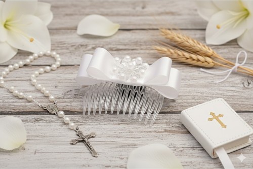 Satynowa kokarda w czystej bieli z delikatnym zdobieniem.