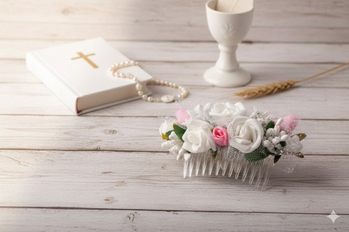 Subtelne perełki i jasne detale rozświetlają fryzurę.