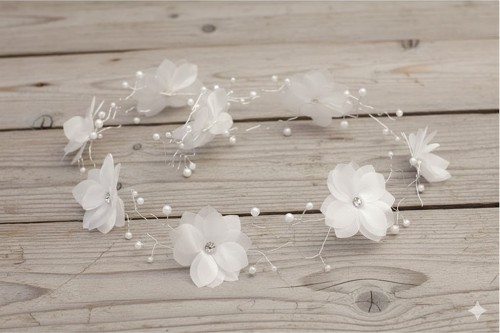 Tiulowe kwiaty i perełki tworzą lekką, elegancką kompozycję.