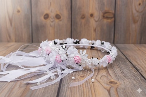 Perłowe detale i transparentne listki dodają wiankowi subtelnej elegancji.