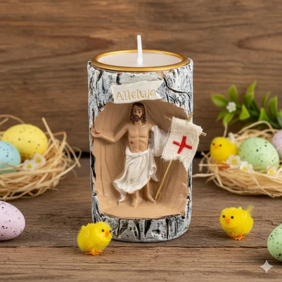 Figurka Jezusa Zmartwychwstałego w formie świecznika.