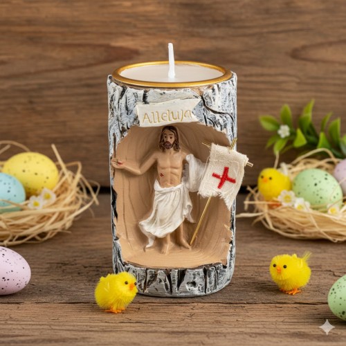 Figurka Jezusa Zmartwychwstałego w formie świecznika.