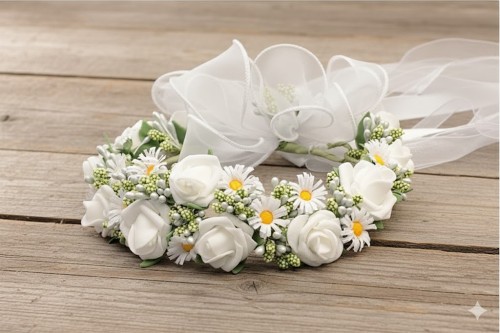 Duża kokarda z organzy dodaje lekkości i elegancji.