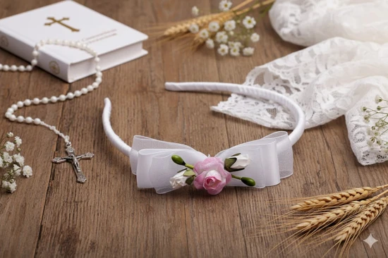 Delikatna kokarda z organzy nadaje opasce lekkości i elegancji.