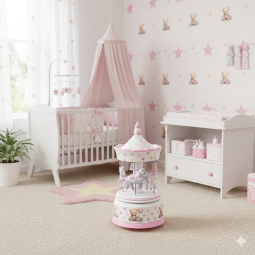 Karuzela drewniana z pozytywką różowa – Twinkle Twinkle Little Star – 23 cm