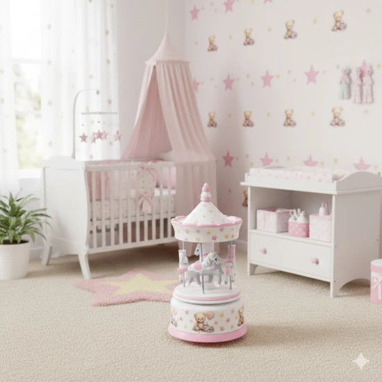 Karuzela drewniana z pozytywką różowa – Twinkle Twinkle Little Star – 23 cm