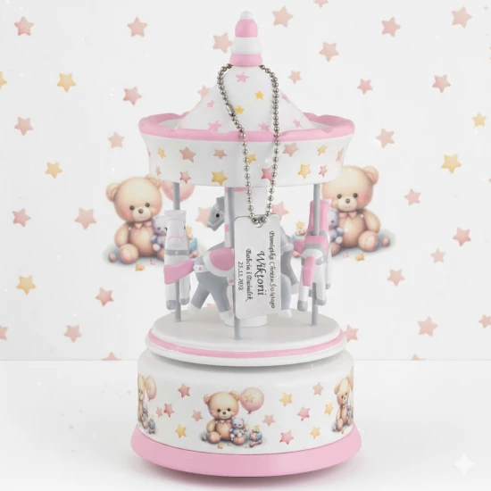 Karuzela drewniana z pozytywką różowa – Twinkle Twinkle Little Star – 23 cm