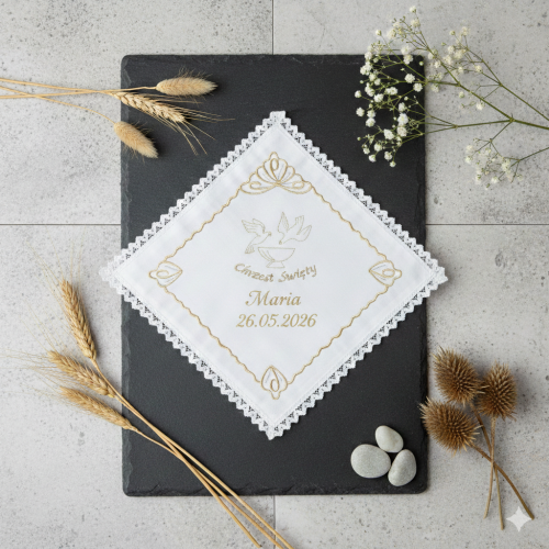 z personalizacją -  Szatka Chrzcielna Złota Aura – satyna 24 × 24 cm z klasycznym haftem