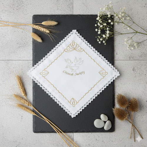bez personalizacji -  Szatka Chrzcielna Złota Aura – satyna 24 × 24 cm z klasycznym haftem