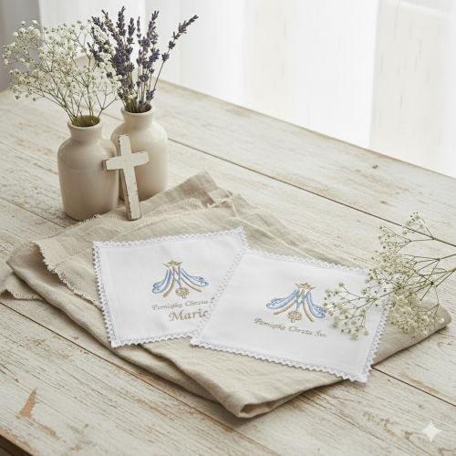 możliwość personalizacji - Szatka Chrzcielna Królewska Opieka – haft Maryjny 24 × 24 cm