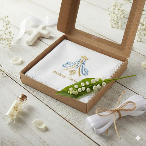 zestaw z pudełkiem - Szatka Chrzcielna Królewska Opieka – haft Maryjny 24 × 24 cm