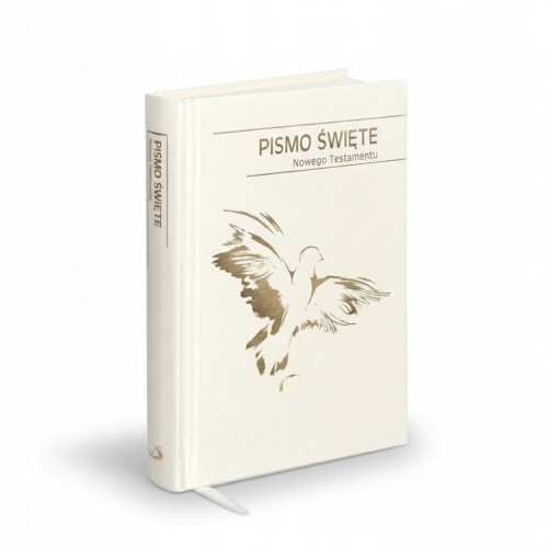 Nowy Testament w eleganckiej białej oprawie ze złoceniami.