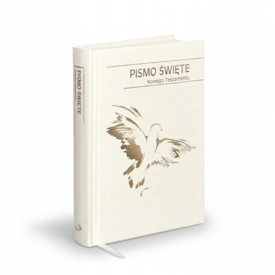 Nowy Testament w eleganckiej białej oprawie ze złoceniami.