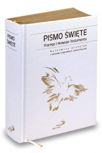 Pełne Pismo Święte w eleganckiej białej oprawie ze złoceniami.