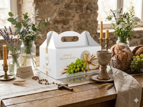 Grafika z winogronami i kłosami nawiązująca do Eucharystii.