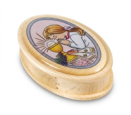 Drewniane pudełeczko na różaniec z motywem komunijnym dla dziewczynki.