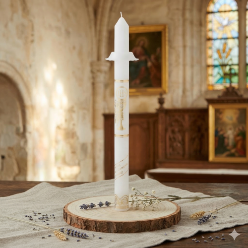 Świeca komunijna biała z symbolem IHS + pudełko i okapnik