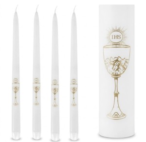 Świece stołowe komunijne białe z kielichem – komplet 4 szt.