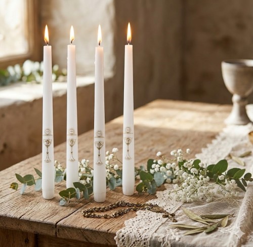 Klasyczne świece stołowe o wysokości 29 cm z delikatnym złotym nadrukiem eucharystycznym.