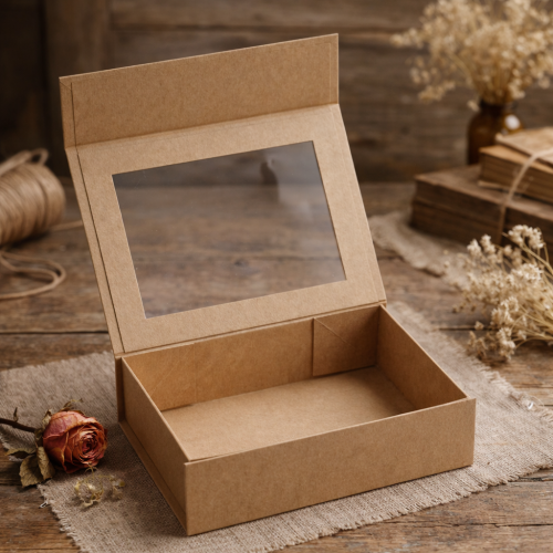 Pudełko magnetyczne z okienkiem B6 kraft 20×15×5,5 cm – kasetka pamiątkowa
