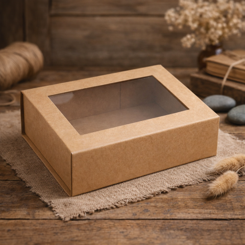 Pudełko magnetyczne z okienkiem B6 kraft 20×15×5,5 cm – kasetka pamiątkowa