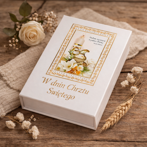 Pudełko pamiątkowe na akcesoria Chrztu Świętego A4 – etui z metryczką chrztu