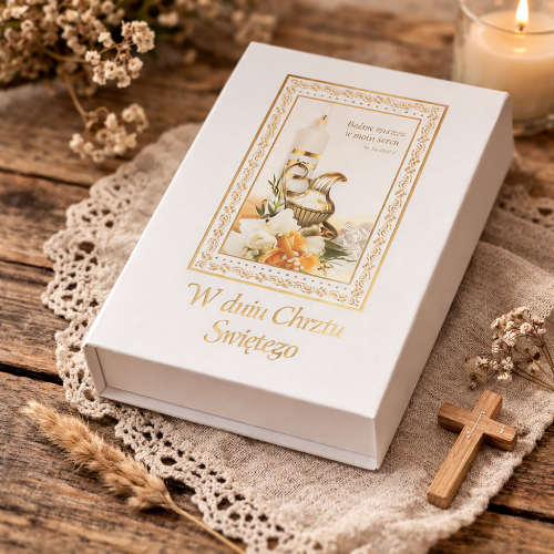 Pudełko pamiątkowe na akcesoria Chrztu Świętego A4 – etui z metryczką chrztu