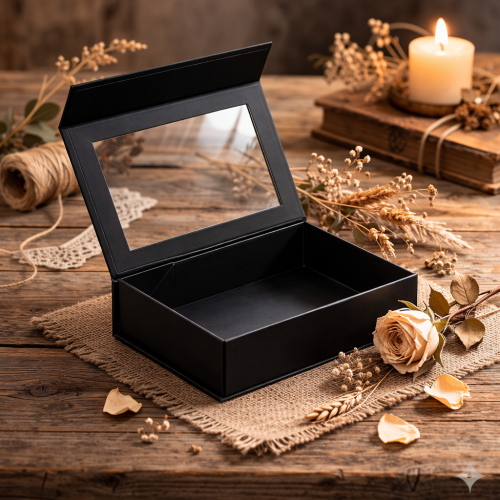 Pudełko magnetyczne B6 czarne z okienkiem 20×15×5,5 cm – kasetka prezentowa