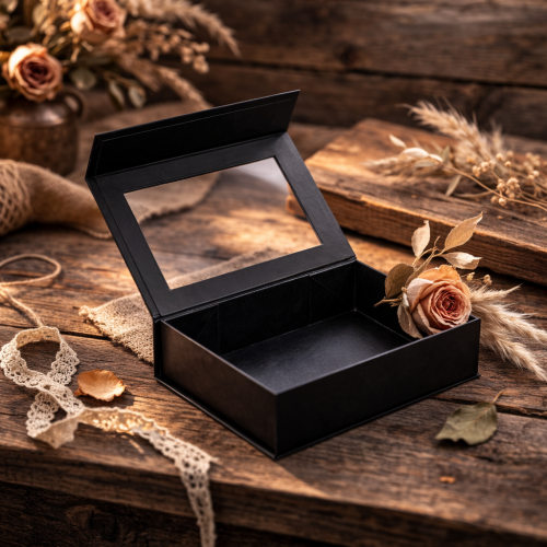 Pudełko magnetyczne B6 czarne z okienkiem 20×15×5,5 cm – kasetka prezentowa