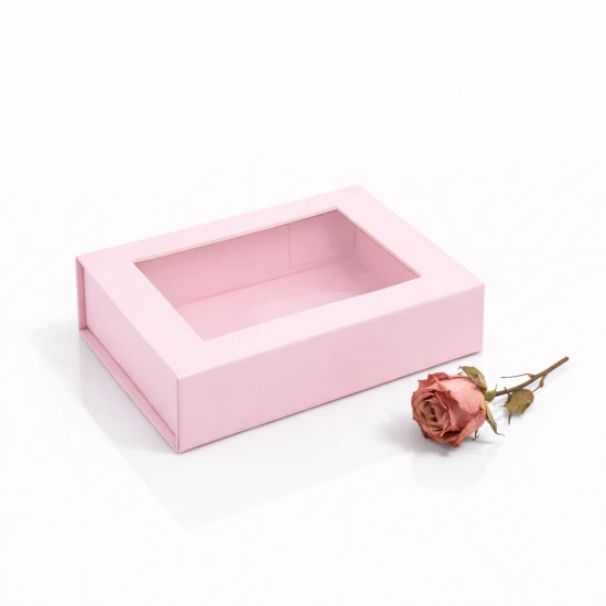 Pudełko magnetyczne B6 różowe z okienkiem 20×15×5,5 cm – kasetka prezentowa