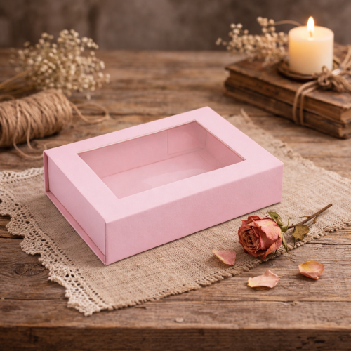 Pudełko magnetyczne B6 różowe z okienkiem 20×15×5,5 cm – kasetka prezentowa