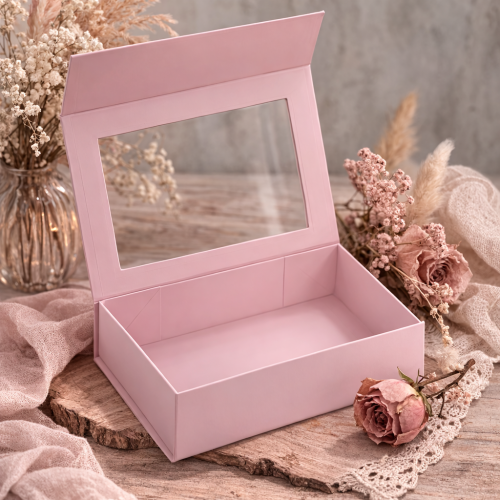 Pudełko magnetyczne B6 różowe z okienkiem 20×15×5,5 cm – kasetka prezentowa