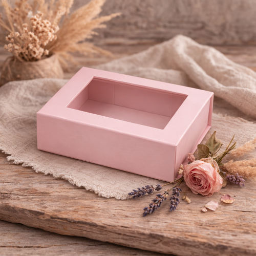 Pudełko magnetyczne B6 różowe z okienkiem 20×15×5,5 cm – kasetka prezentowa