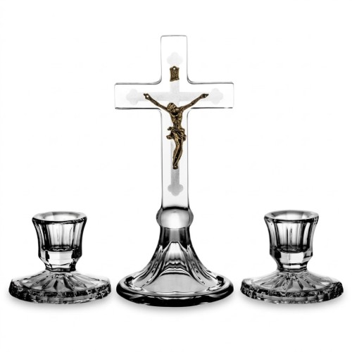 Komplet kolędowy ze szkła kryształowego z krzyżem i świecznikami.
